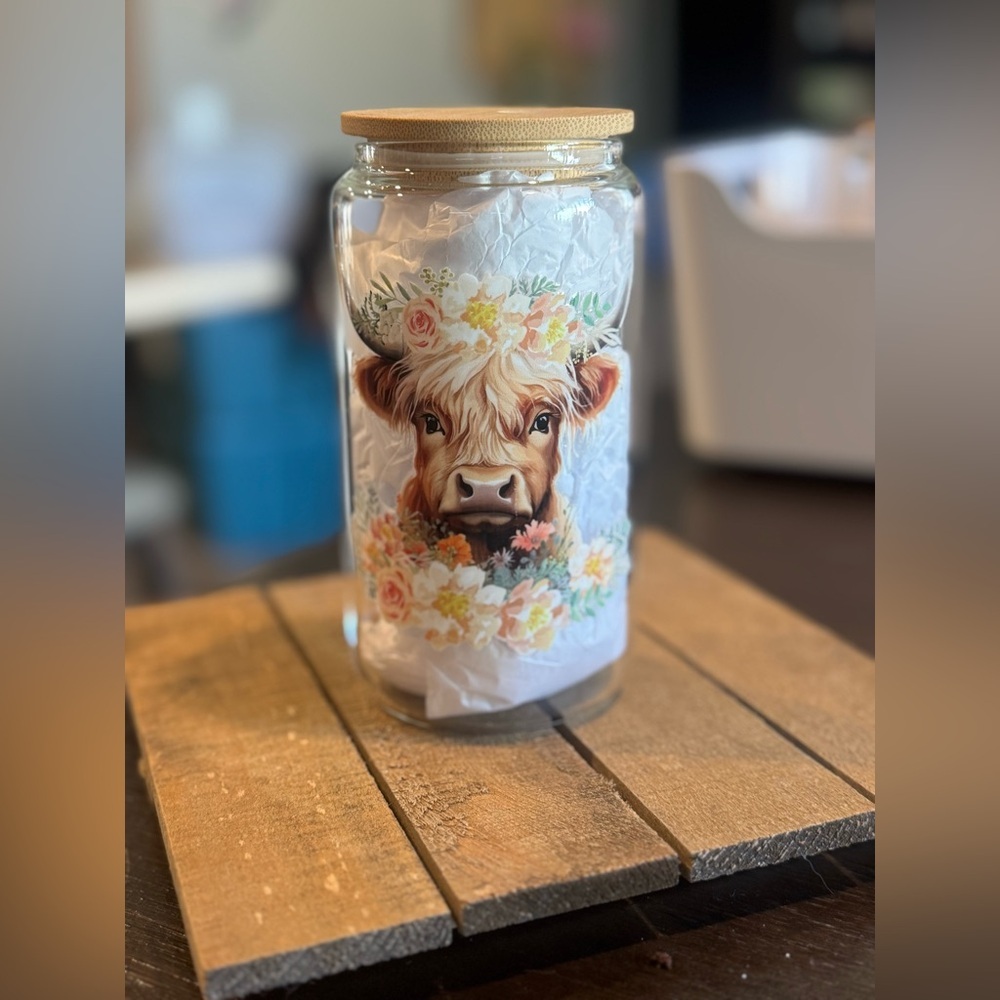 Floral Cow Glass cup with Bamboo Lid
